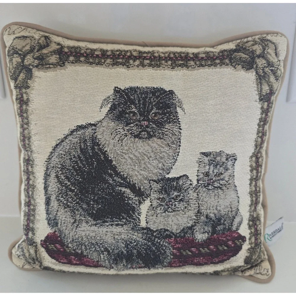 Riverdale Decorative Products Cat and Kittens Woven Tapestry Throw Pillow USA